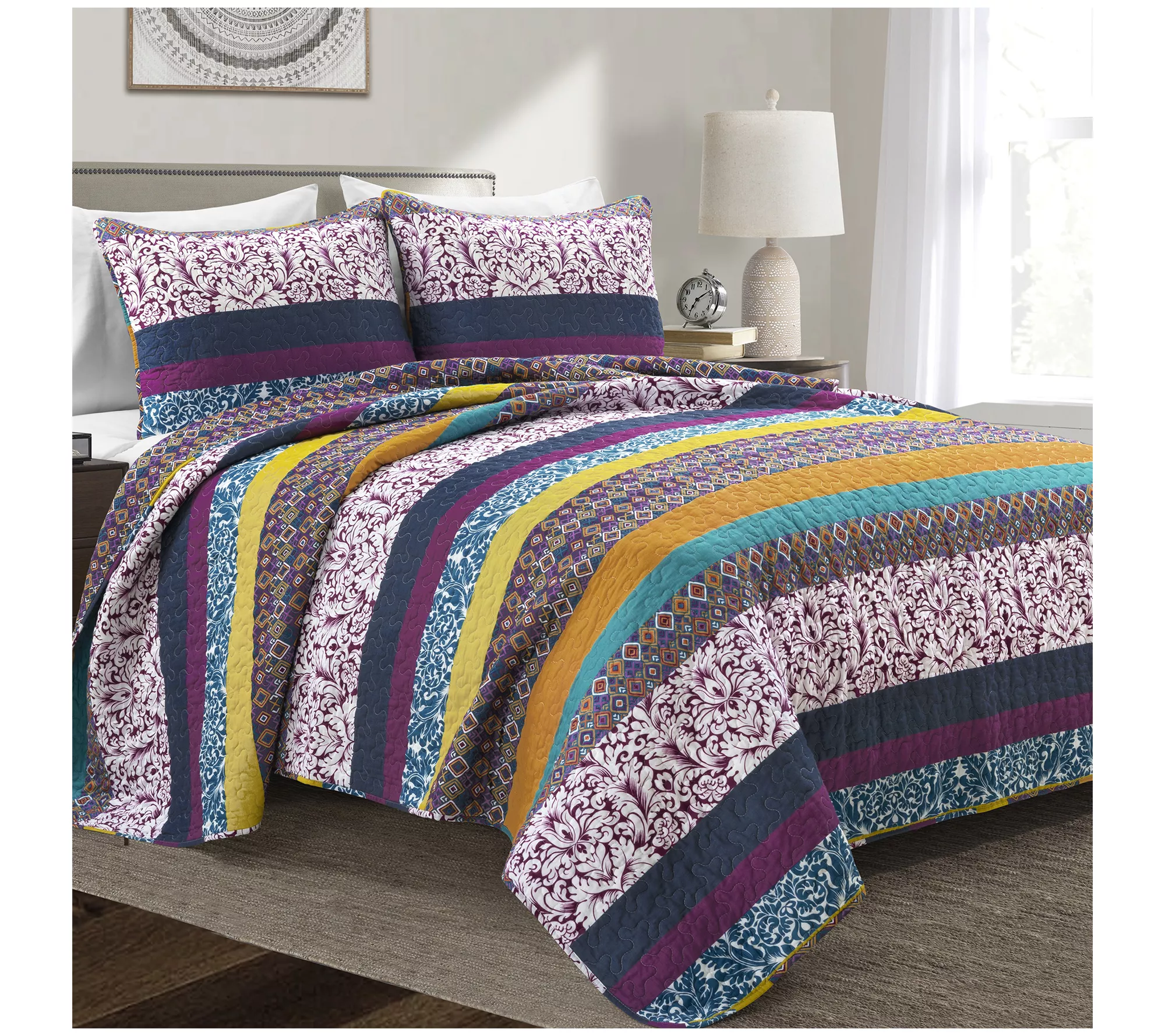 Boho Stripe Reversible Cotton Quilt King 3Pc Set