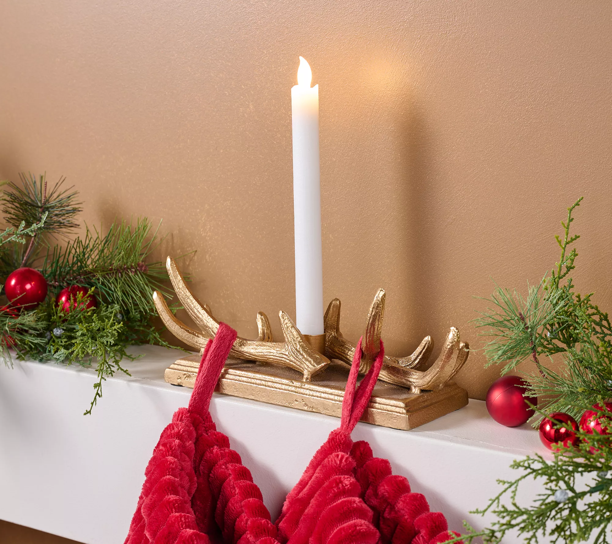 12" Antler Stocking Hanger with Taper Candle by Lauren McBride