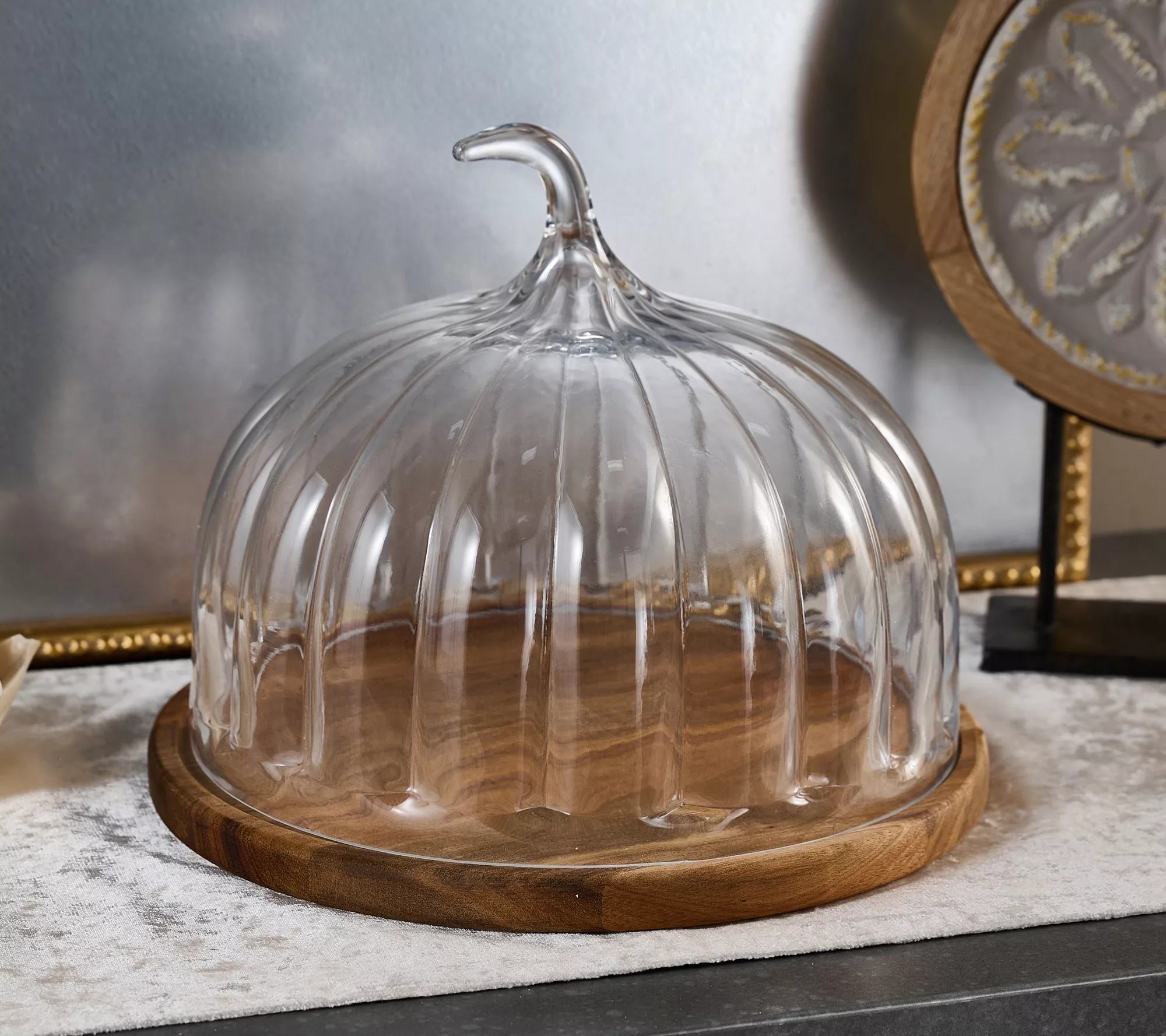 12" Pumpkin Glass Cloche with Wood Pedestal by Valerie