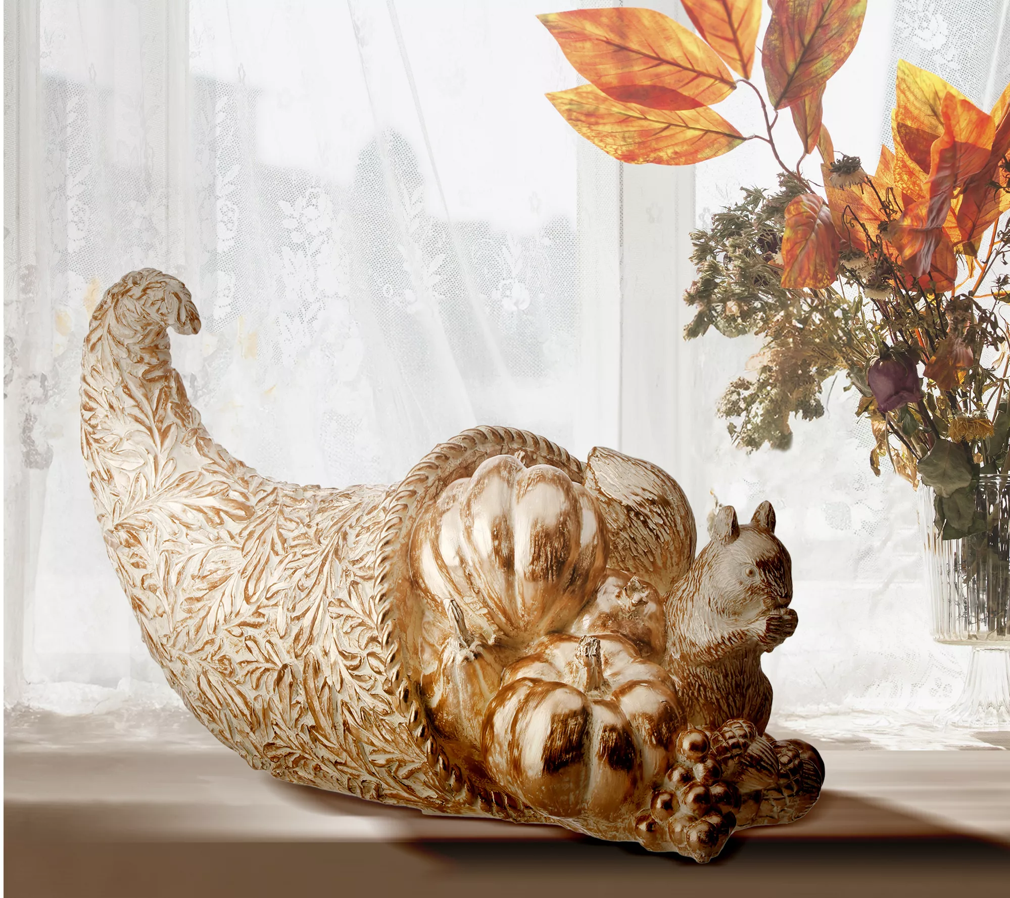 16" Resin Cornucopia With Fruit and Squirrel ByValerie