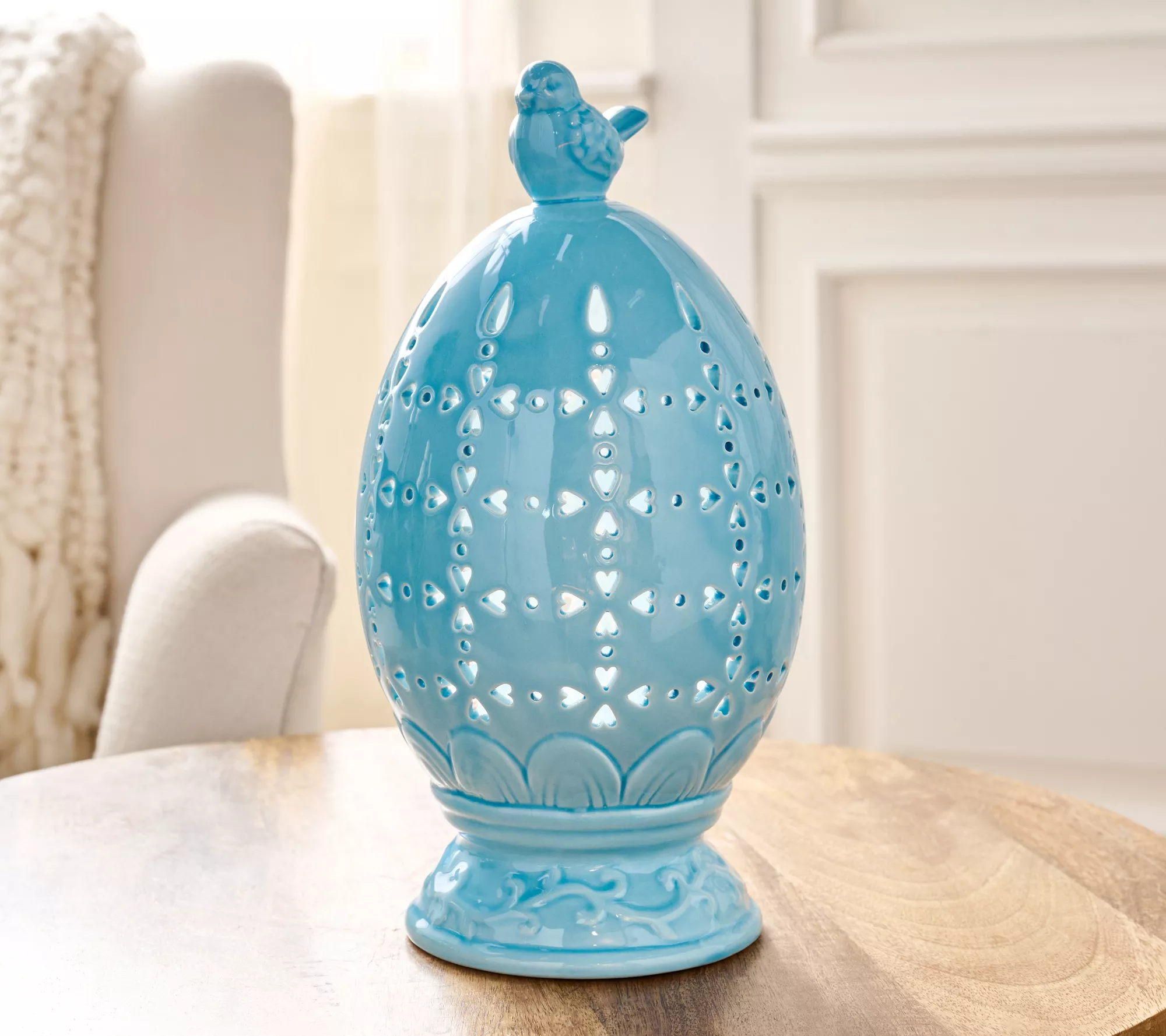 10" Illuminated Ceramic Footed Egg with Bird by Valerie