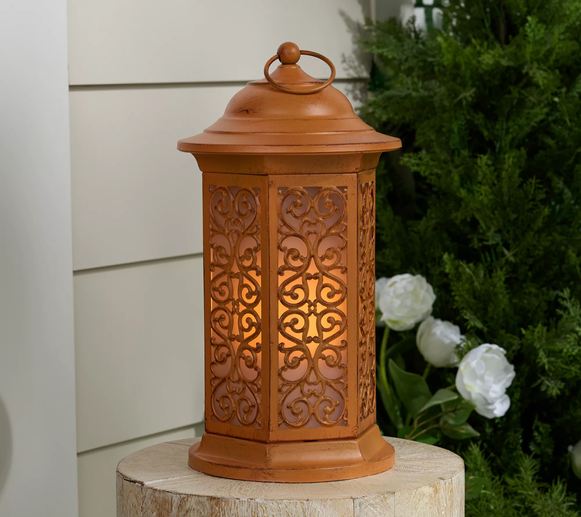 14" In/Outdoor Flickering Flame Scroll Lantern By Valerie