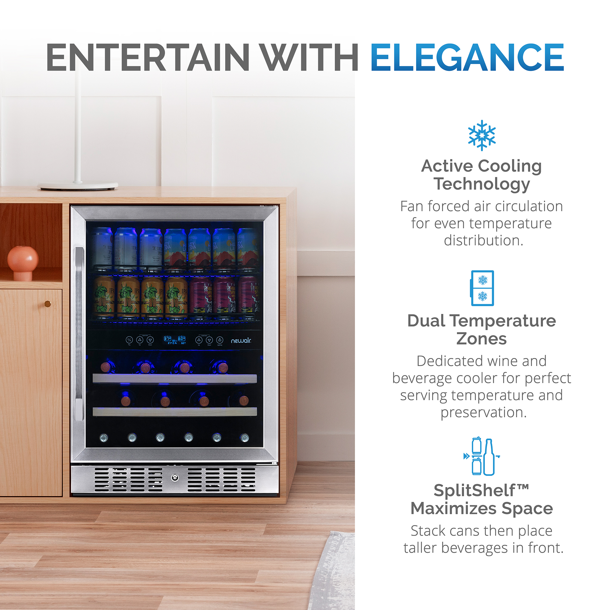 NewAir24" Built-in Dual Zone 20 Bottle and 70 Can Wine and Beverage Fridge in Stainless Steel with SplitShelf™