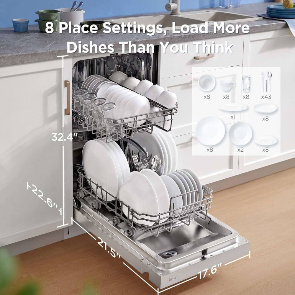 Midea MDF18A1AWW 52 dBA White Compact Front Control Dishwasher