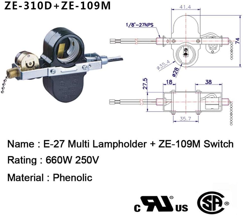 Akahttbn Ceiling Fan 2 Light Socket Switch Zing Ear ZE-310D ZE-109M Socket Pull Chain Switch Ceiling Fan Lamp Light, Lamp Holder E95014