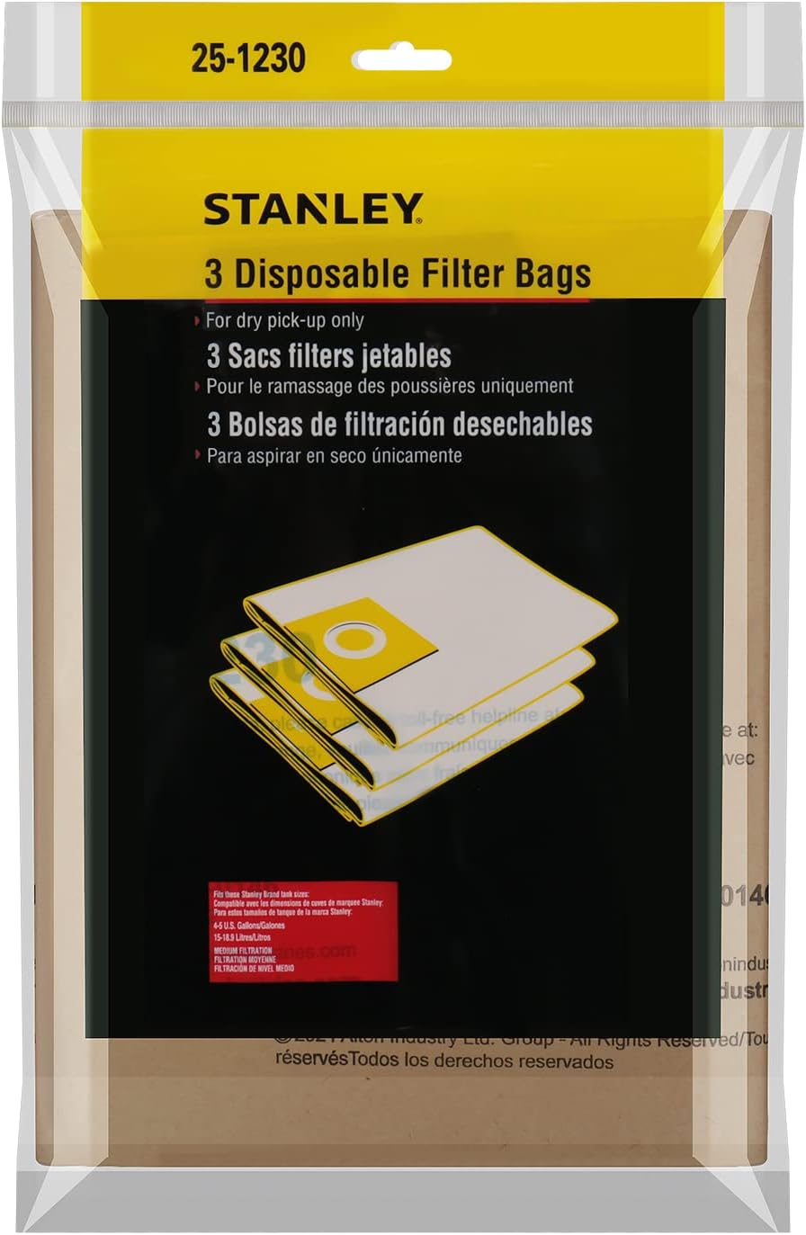 Alton Industries Stanley 25-1230 4-5 Gallon Disposable Filter Bag for Wet/Dry Vacuums, 3 Count