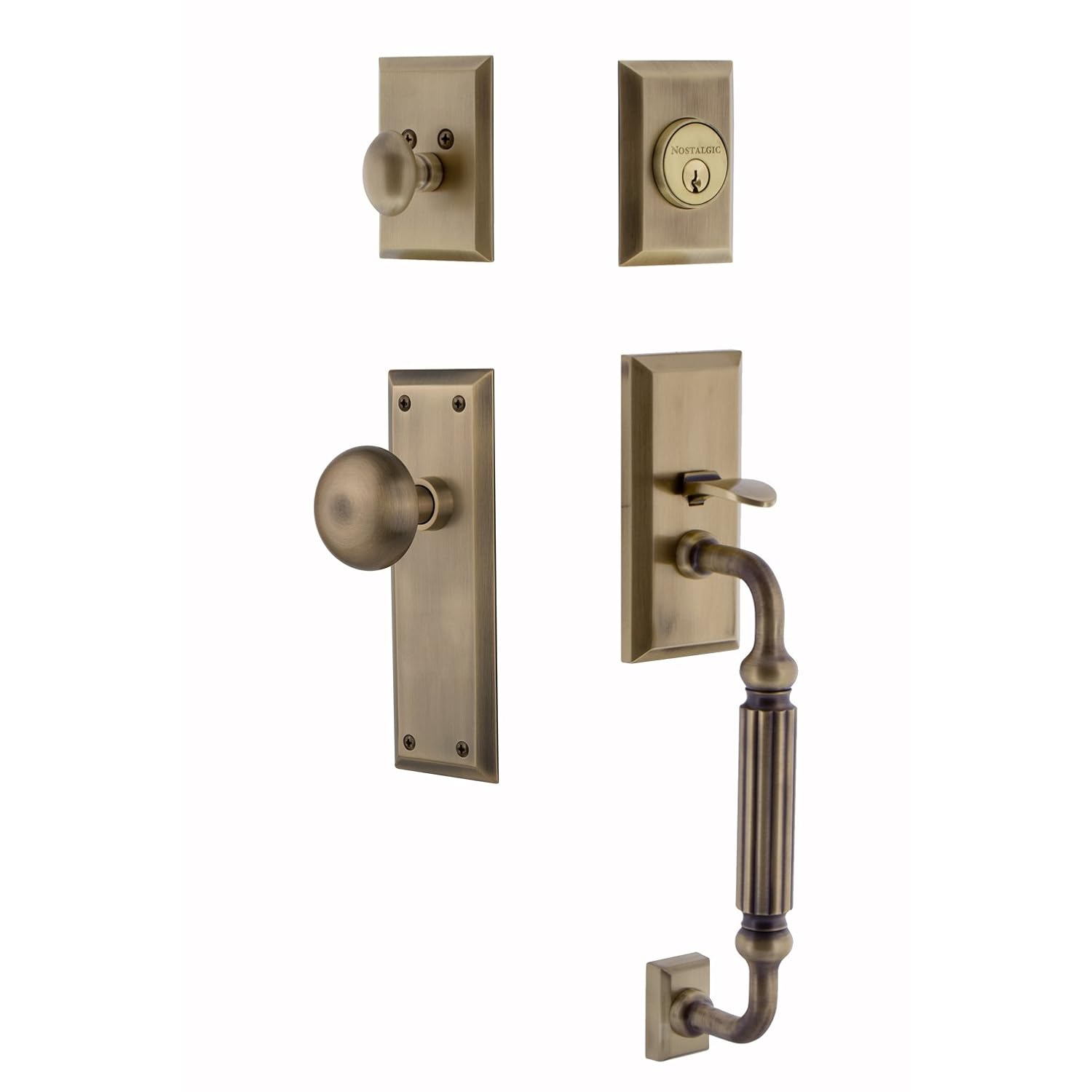 Nostalgic Warehouse 727665 New York F Grip Entry Set, Backset - 2.75", Antique Brass