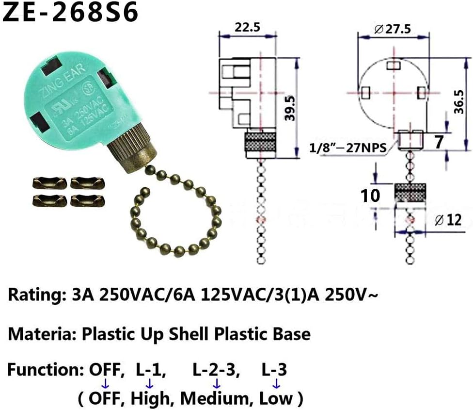 Akahttbn Ceiling Fan Switch Zing Ear ZE-268S6, 3 Speed 4 Wire Speed Control Pull Chain Cord Appliances Switch Replacement Parts Compatib