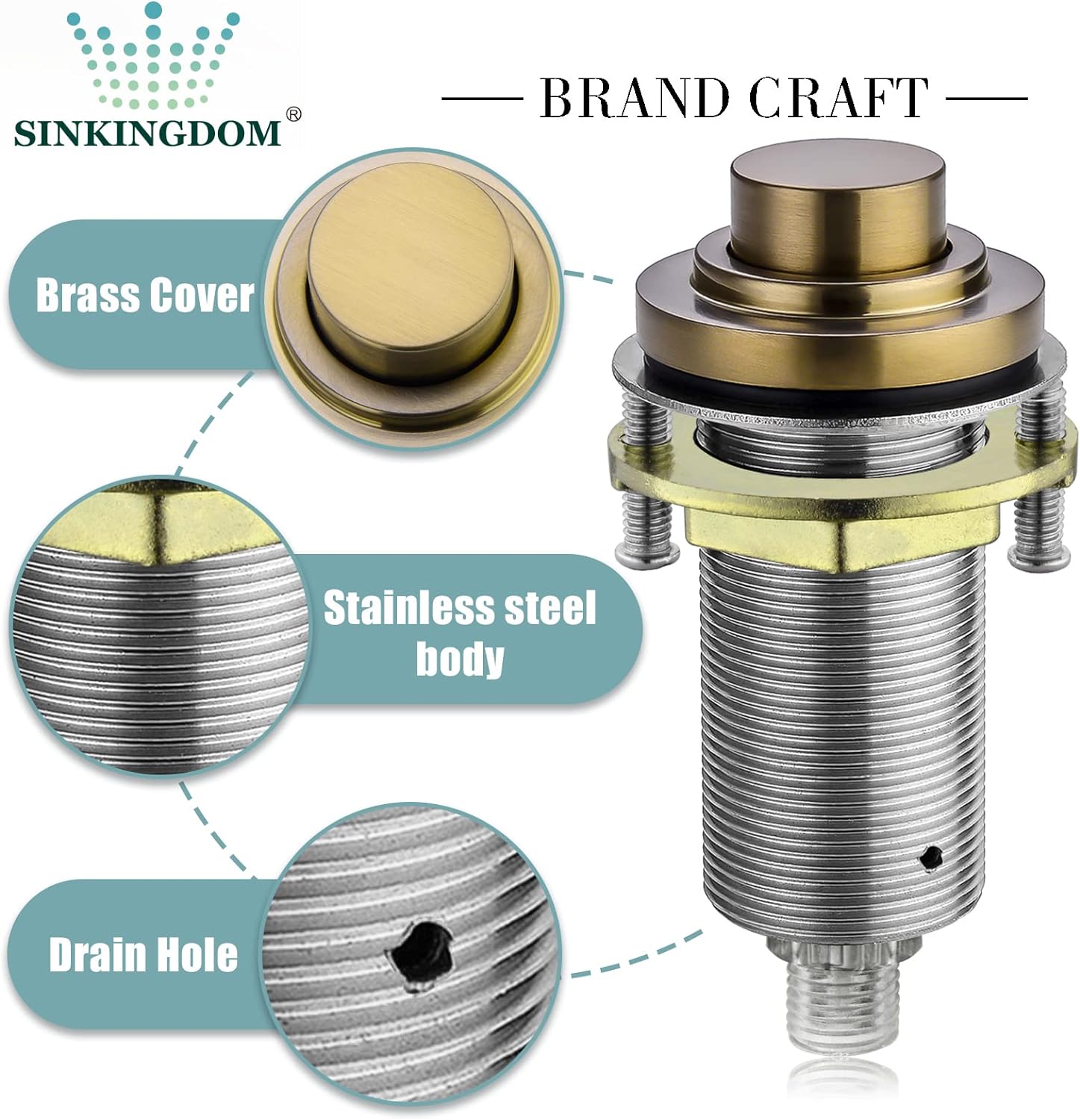 SINKINGDOM SinkTop Air Switch Kit with Champagne Bronze Long Button (Full Brass) for Garbage Disposal, Single Outlet