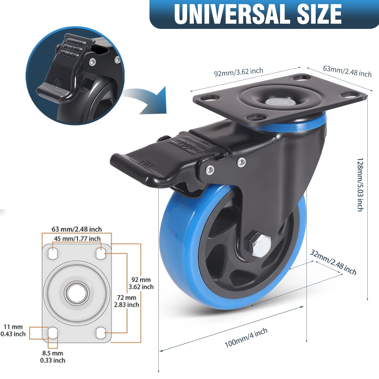 Enyke 4" Caster Wheels Set of 4, Heavy Duty Casters with Brake, Safety Dual Locking casters, No Noise Wheels with Polyurethane Foam, L