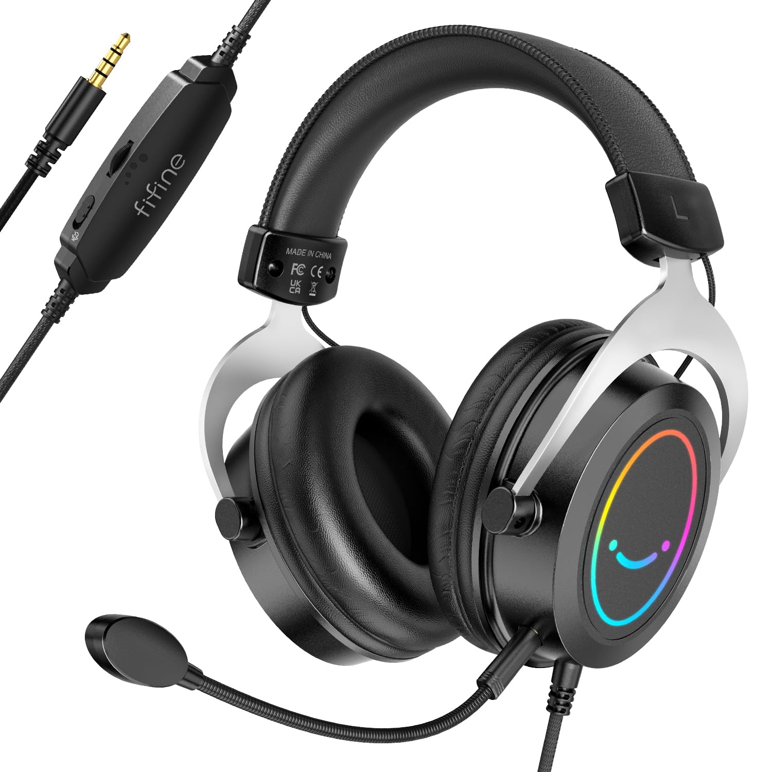 FIFINE gaming Headset with Detachable Microphone, Over-Ear Headset Wired with Passive Noise canceling, 35mm Audio Jack, RgB, for