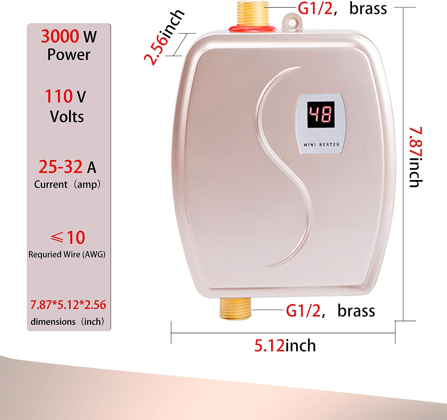 dnysysj 3000W Mini Electric Tankless Hot Water Heater Instant Hot Water Heating Machine for Kitchen Bathroom GOLD 110V