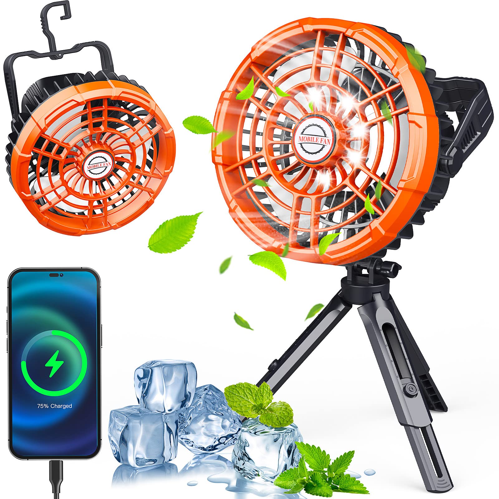 Ackarido Camping Fan with LED Lantern, 10400mAh Rechargeable Portable Tent Fan with Detachable Tripod, Power Bank, 180°Head Rotation, Qui