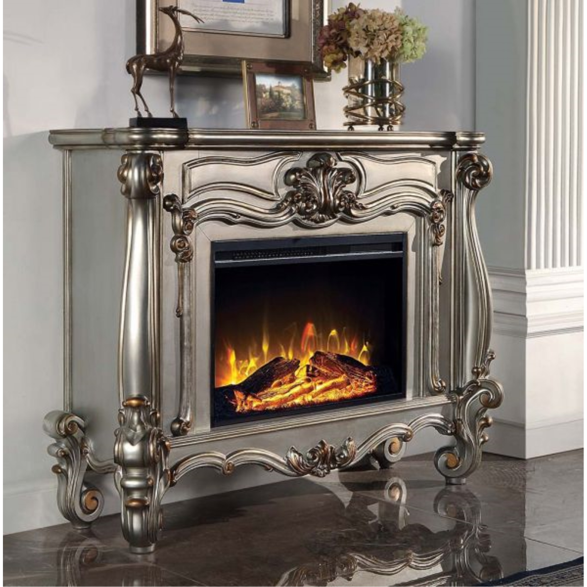 Acme Furniture AC01314 Fireplace, Antique Platinum Finish - Versailles ( 1Pc/1Ctn )