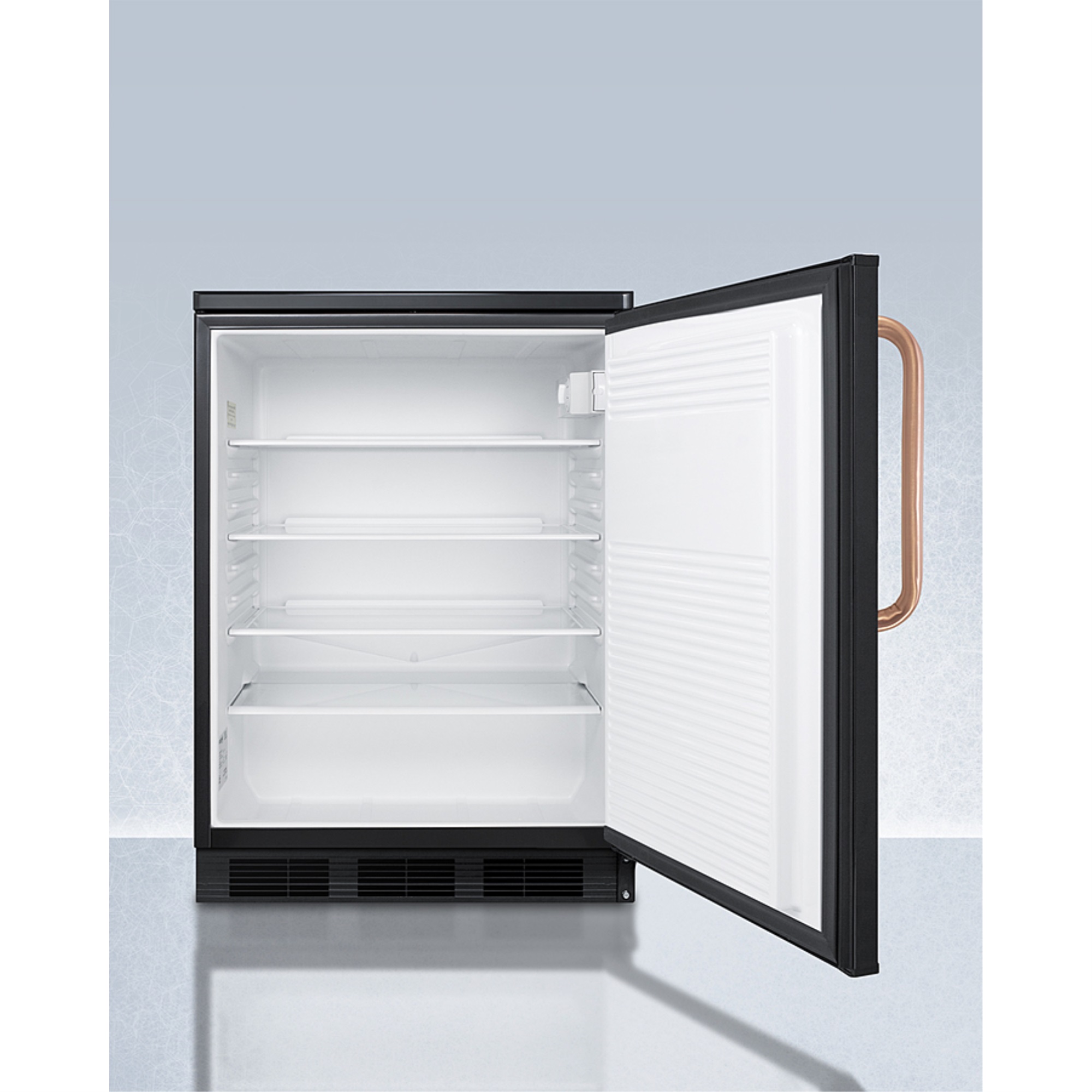 Summit Commercial Counter height all-refrigerator for general purpose or commercial use, with lock, auto defrost operation, copper handle, and b