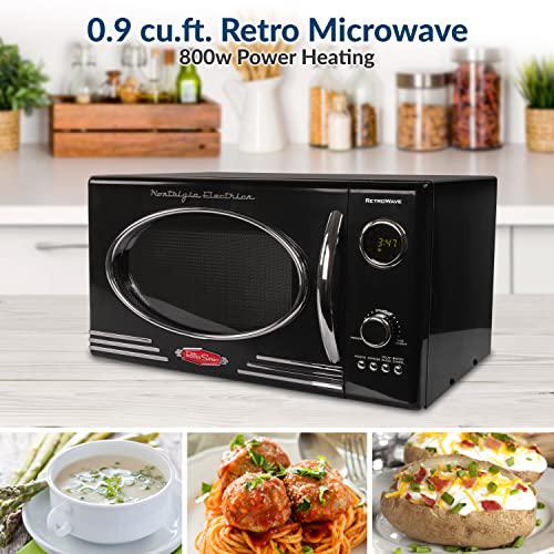 nostalgia rmo4bk retro 0.9 cubic foot 800-watt countertop microwave oven, 5 power levels and 12 cook settings, led display, j