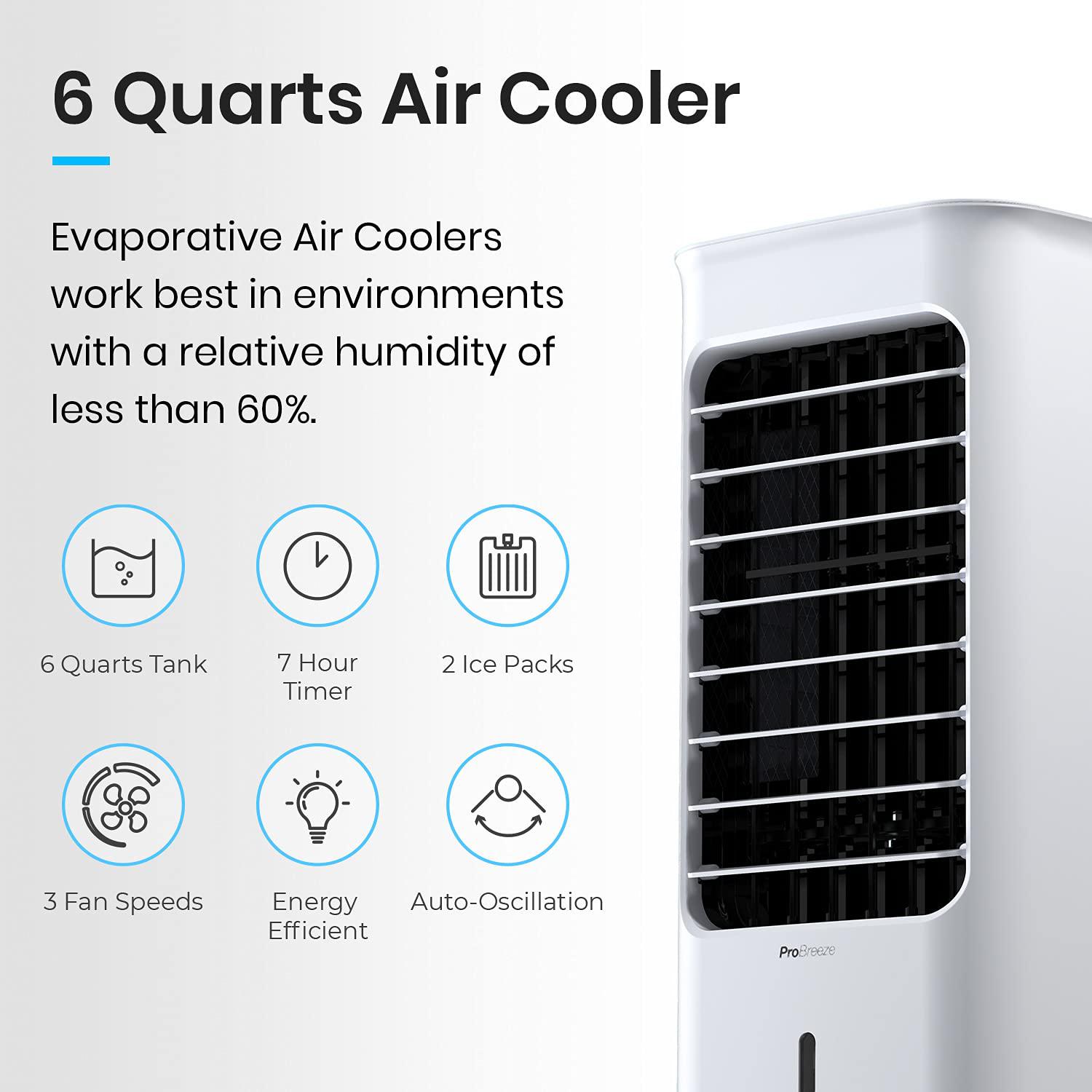 pro breeze evaporative air cooler for room cooling fan - 3-in-1 air cooler portable with 6 qts tank, 70 oscillation & 7hr tim