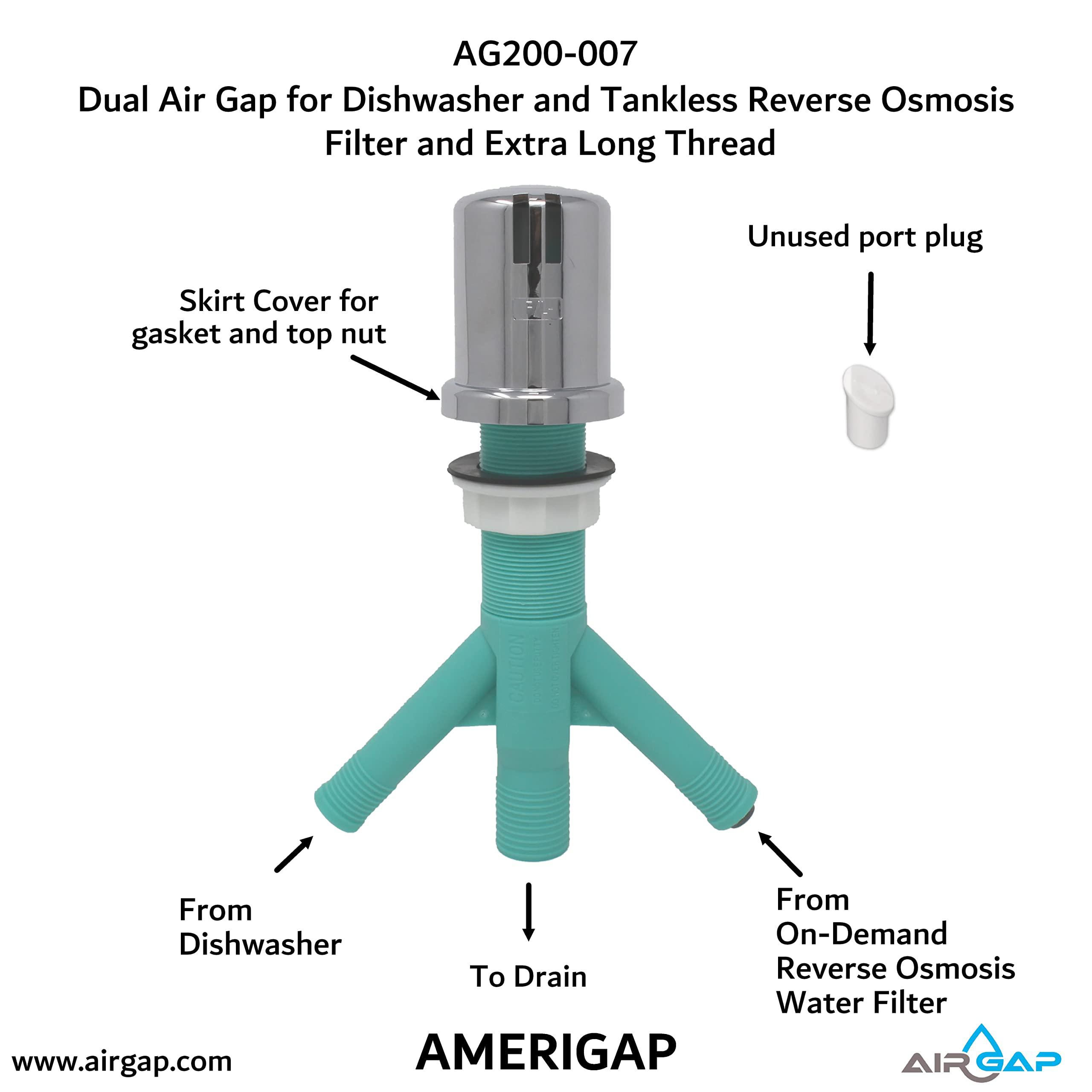 Air Gap International dual air gap for dishwasher and tankless reverse osmosis filter with extra long thread (ag200-007 amerigap)