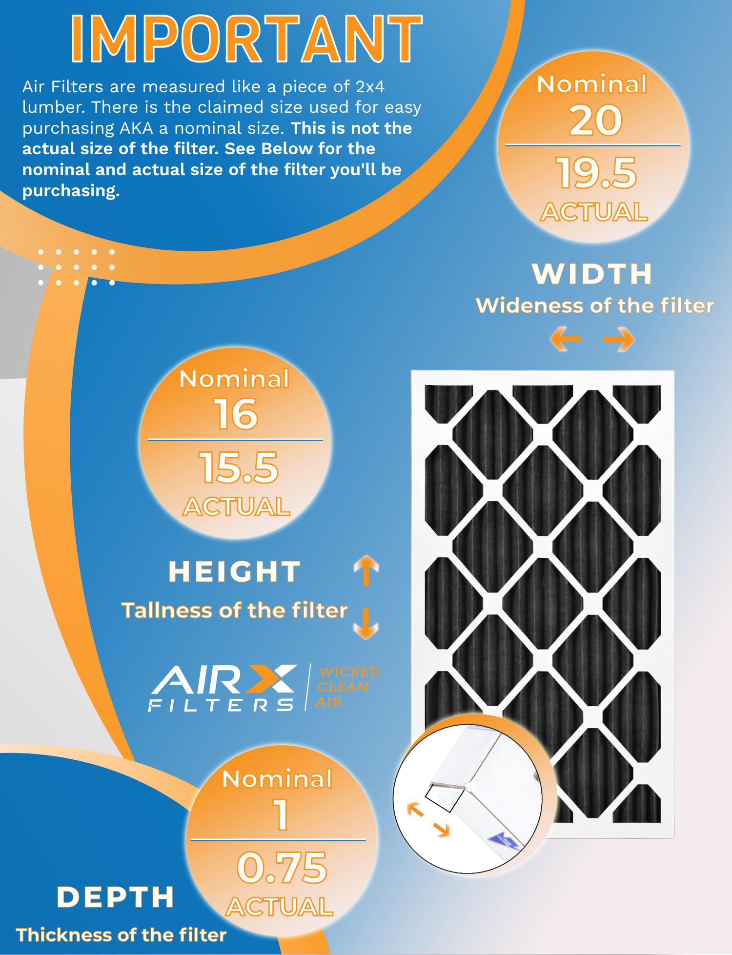 airx filters wicked clean air. 16x20x1 air filter merv 8 rating, 12 pack of furnace filters comparable to mpr 700, fpr 5, pet odor retention filters - made