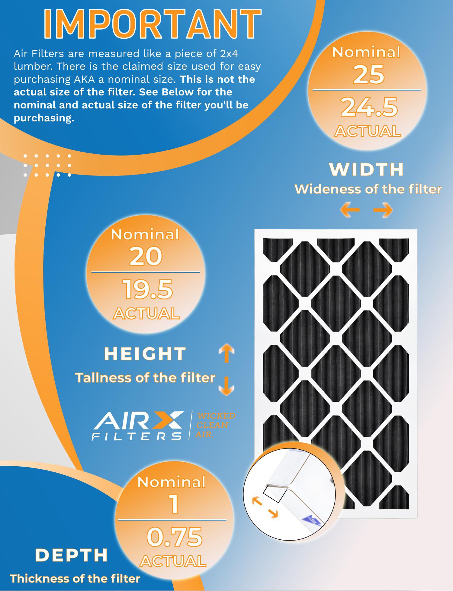 airx filters wicked clean air. 20x25x1 air filter merv 8 rating, 12 pack of furnace filters comparable to mpr 700, fpr 5, pet odor retention filters - made