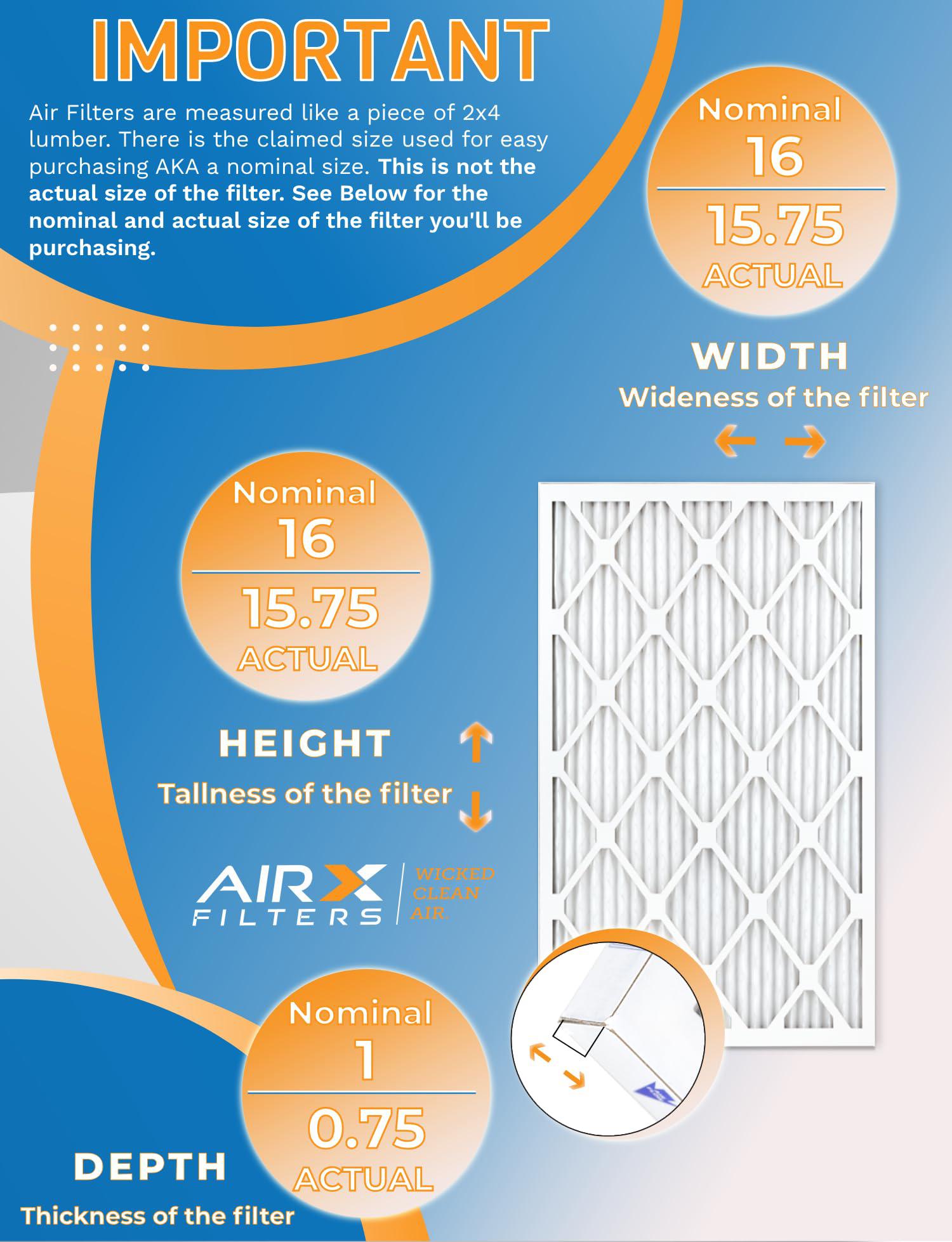 airx filters wicked clean air. 16x16x1 air filter merv 11 rating, 12 pack of furnace filters comparable to mpr 1000, mpr 1200, fpr 7, high efficiency 12 pac