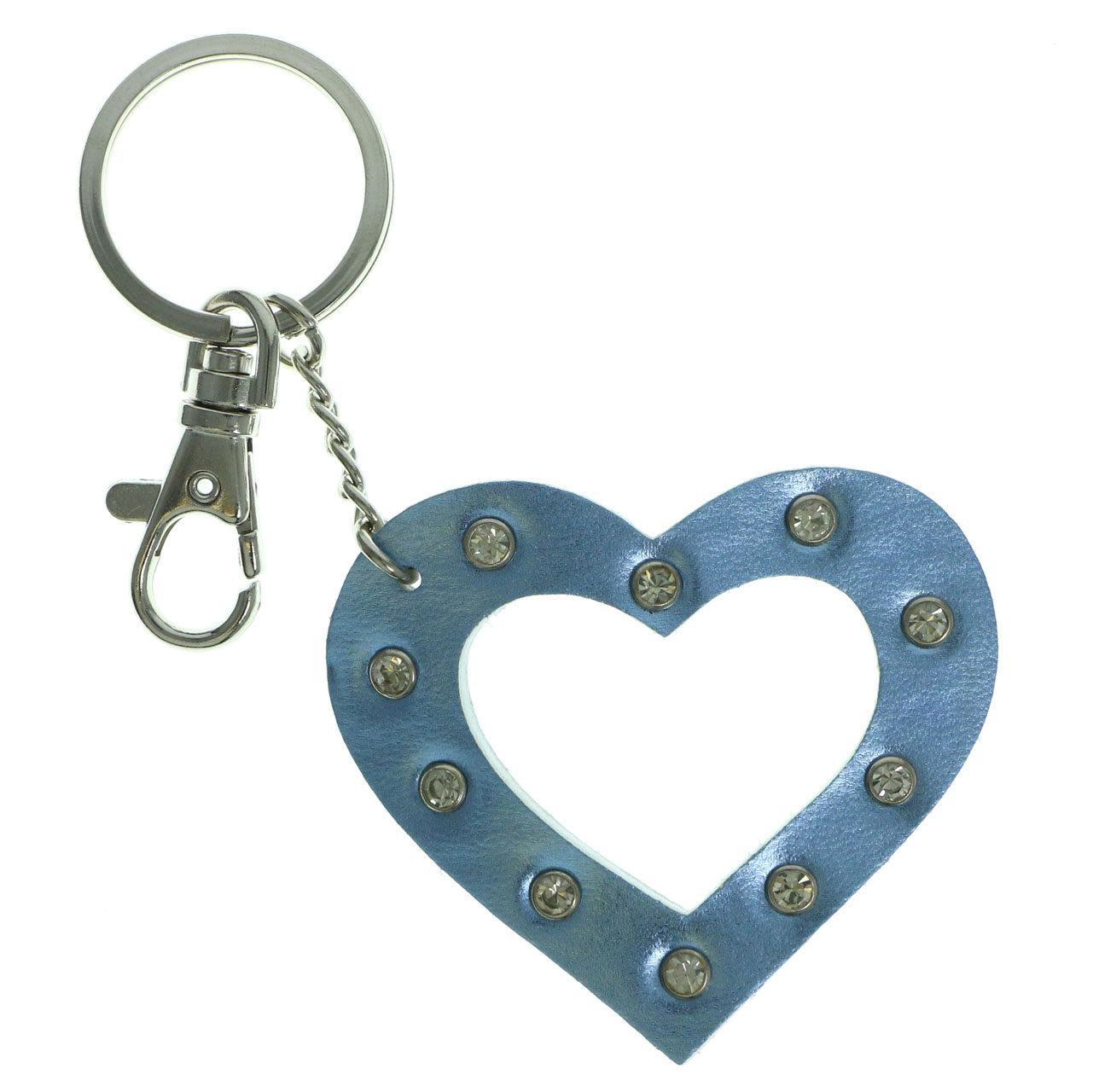 MI AMORE Rhinestone Accented Metallic Blue Colored Heart Key Chain With Trigger Snap