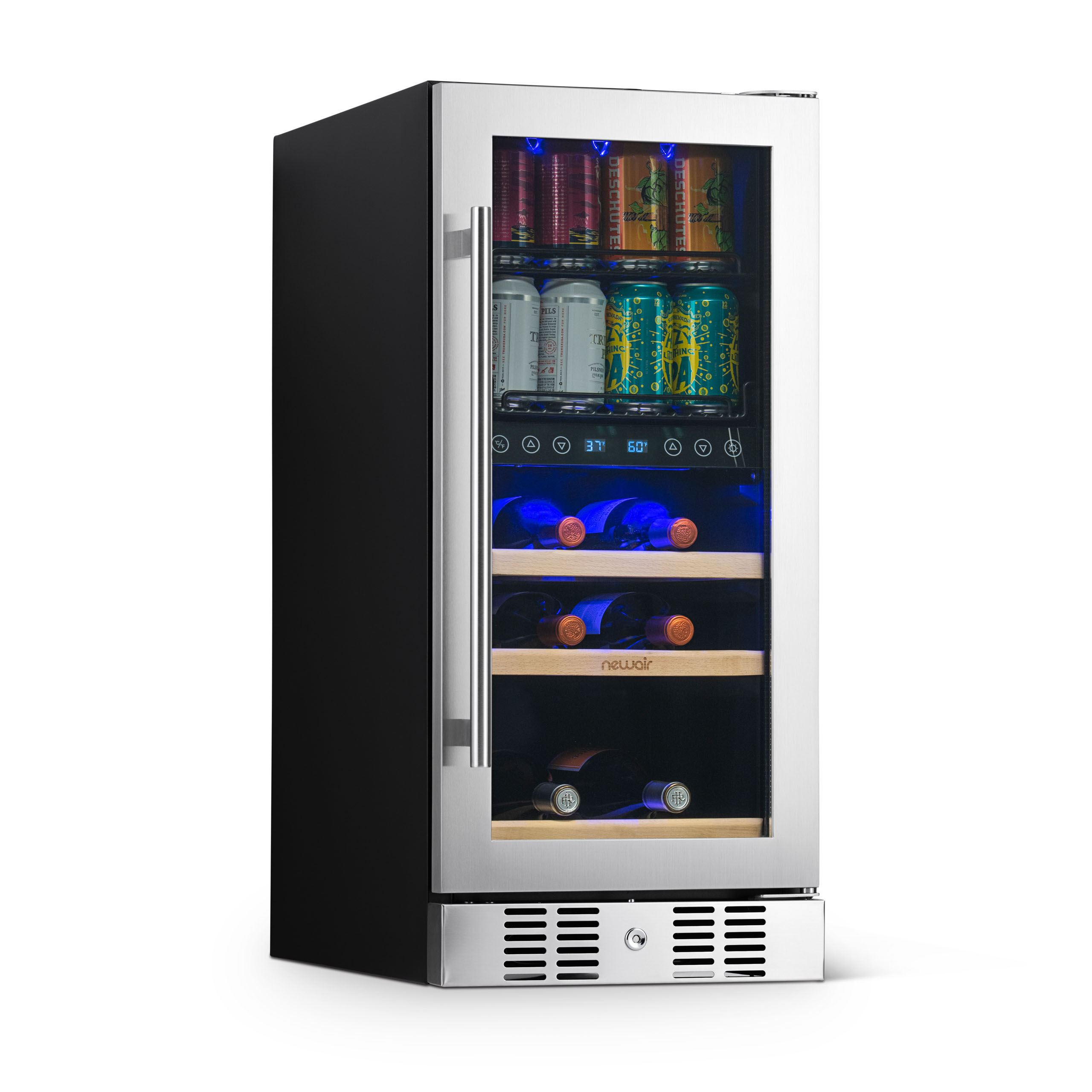 NewAir15" Premium Built-in Dual Zone 9 Bottle and 48 Can Wine and Beverage Fridge in Stainless Steel with SplitShelf™