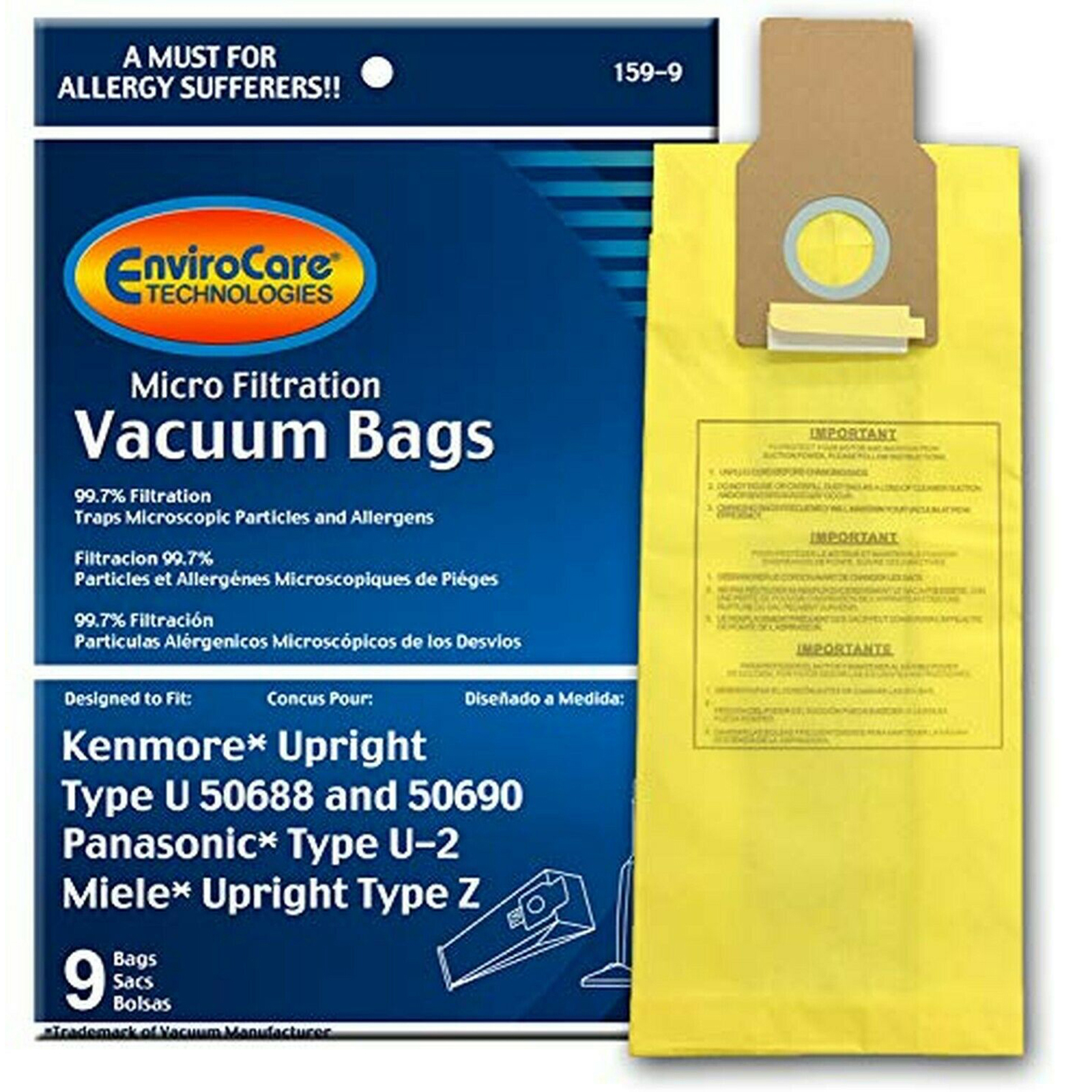 Envirocare 159-9 9pc. Micro Filtration Vacuum Bags For Kenmore Upright Cleaners