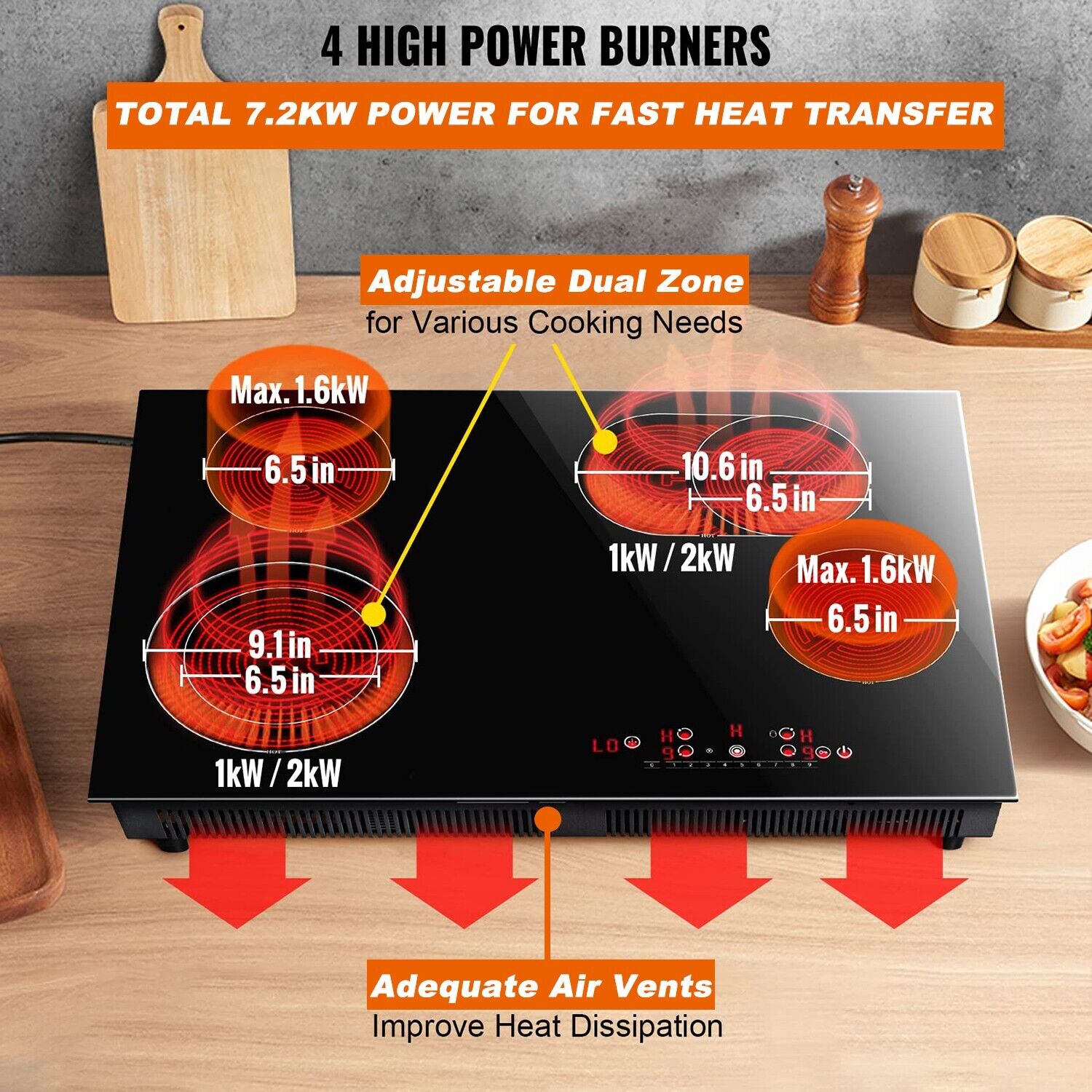 iMeshbean 220V 7200W Electric Induction 4 Burner Cooktop Countertop Stove Glass Hot Plate