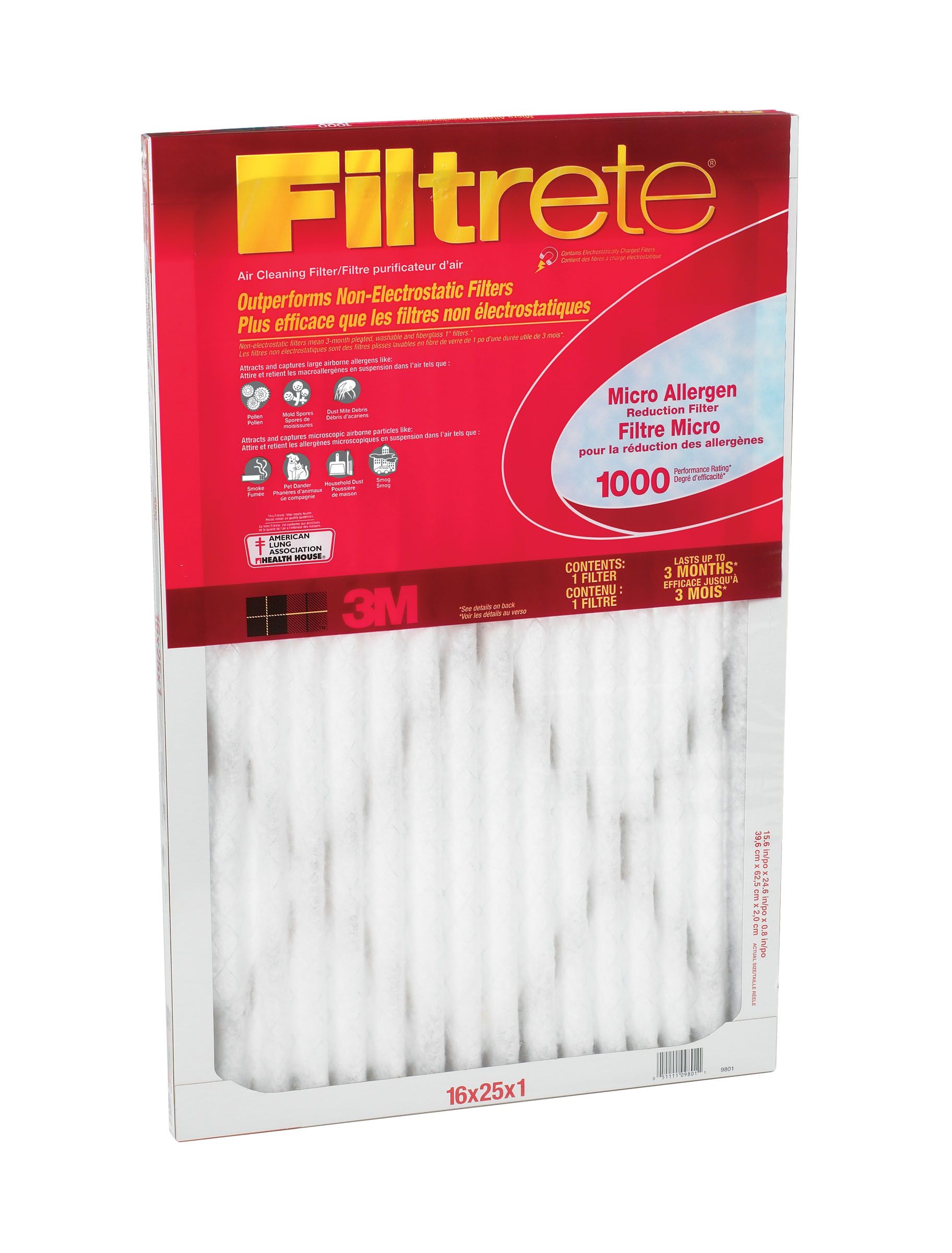 3M 9805DC-6 Micro Allergen Reduction Filter14 in x 20 in x 1 in 12Pk