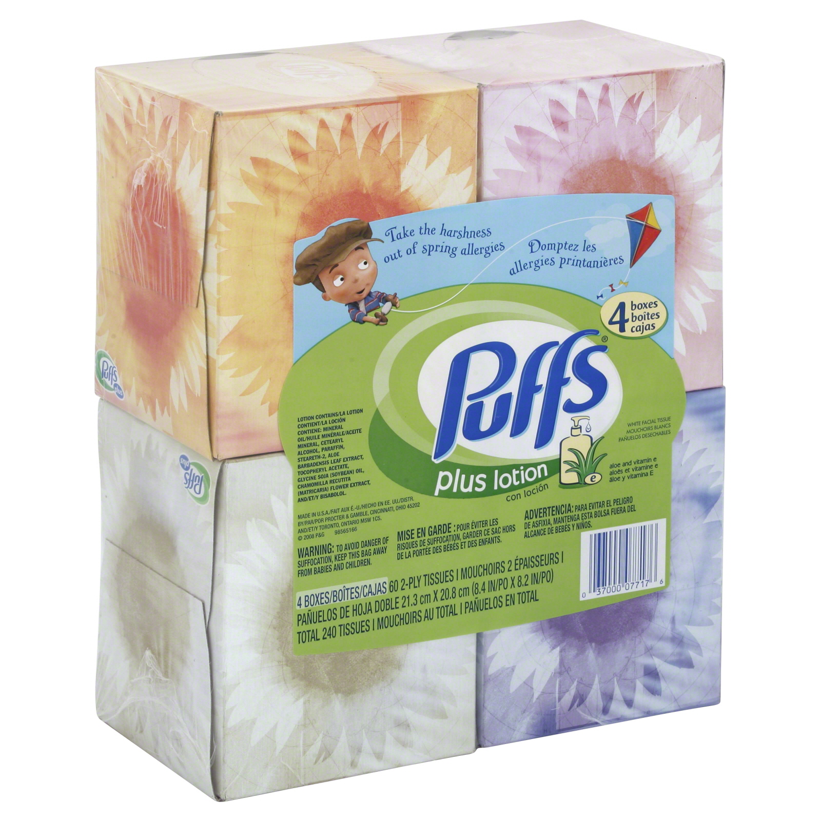 Puffs Facial Tissue, Plus Lotion, White, 2-Ply, 4 boxes