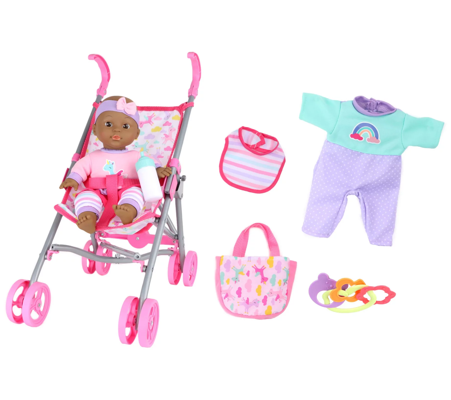 12" Baby Doll Care Gift set with Stroller - African American